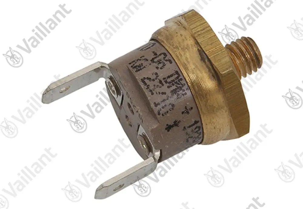 Temperaturwächter von Vaillant mit Metallgehäuse und zwei Anschlussflanschen. Eignet sich zur Temperaturregelung in Heizsystemen.